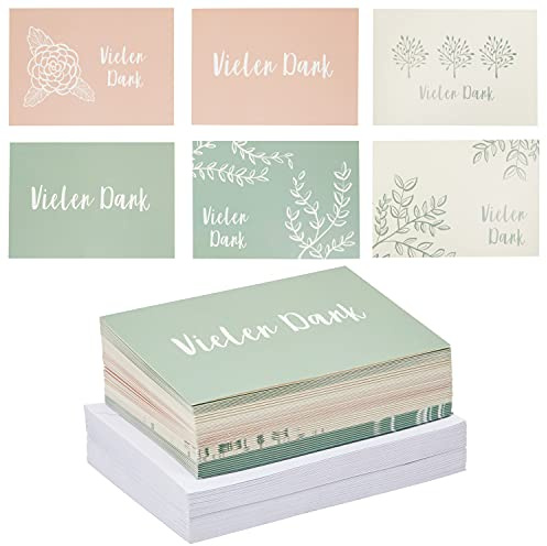 48 tarjetas de agradecimiento y sobres, 6 diseños ilustrados con motivos florales, DIN A6, 3 colores pastel