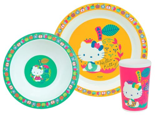 Fun HOUSE 005988 Hello Kitty mattallrik platt Ø 22 cm, sopptallrik eller skål Ø 16 cm och dricksglas 220 ml