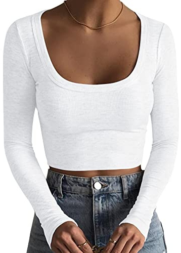 Artfish Women's Square Neck Long Sleeve Ribbed Slim Fitted Casual Basic Crop Top (White, S)