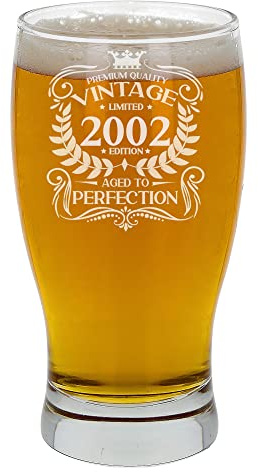 Regalo de 20 cumpleaños para hombres, vintage 2002 envejecido a la perfección, vaso de cerveza grabado, regalo para 20 años de edad, sidra, laga, cerveza, tulipán, pinta