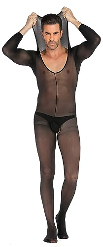 SINROYEE Men's Sheer Lace Lingerie Sissy clothes Sexy Tight Cut Out Elastic Nightgown One-piece Bodysuit (1)