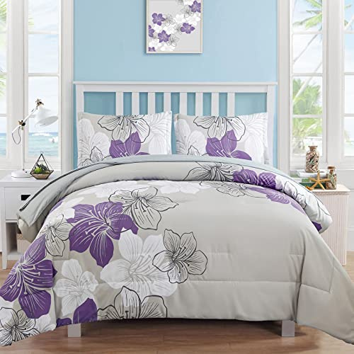 Luxudecor Floral Comforter Set Twin Size, 6 Pieces Bed in a Bag Purple Floral Comforter and Sheet Set, Soft Microfiber Purlple Complete Bedding Sets for All Seasons 68×86
