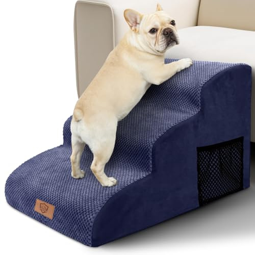 Pawchop Curved Dog Steps, 3-Step Waterproof Pet Stairs for Sofa & Bed, Blue | Gentle Slope Pet Ramp, High-Density Foam, Removable Machine Washable Cover, No Assembly, Non-Slip Bottom for Small Dogs&Cats