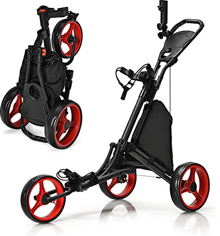 GYMAX 3/4 Wheels Golf Push Pull Cart, Lightweight Height Adjustable Golf Trolley with Storage Bag, Foot Brake, Umbrella Holder and Built-in Cooler, Foldable Golf Bag Holder (3 Wheels, Red)