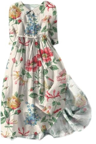 Abito da donna, lungo, elegante, per il tempo libero, estivo, lunghezza al ginocchio, a mezza manica, in mussola, romantico, stile Liberty, leggero e traspirante