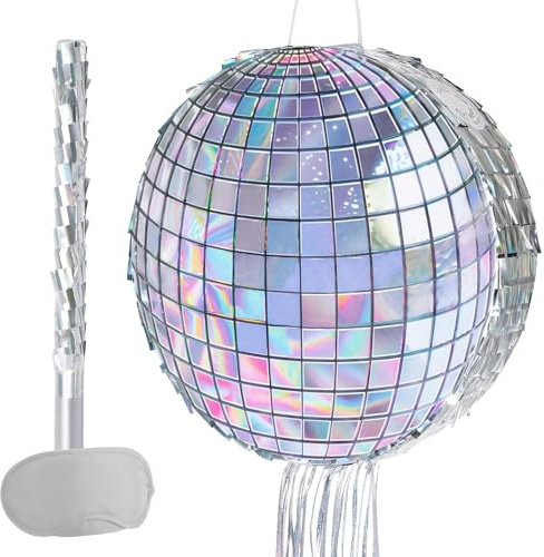 WERNNSAI Disco Ball Piñata - Disco Party Decoration for Adult Birthday Party Supplies Hanging Disco Piñata with Bat Blindfold Mirror Roller Skating Pull String, 12.2” x 12.2”