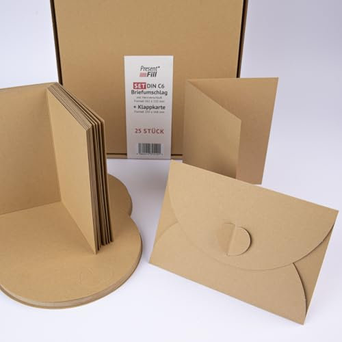 PresentFill® - blanko Falt-Karten inkl. Briefumschläge mit Herz Verschluß - 25er Set - Natur Braun - Klappkarten zum selbst gestalten, beschriften oder bedrucken - DIN A6 / C6