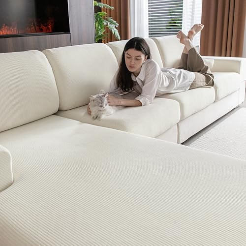 OHSIO Sectional Couch Covers, Wear Resistant Stretch Sofa Covers Washable Soft Couch Cushion Covers Anti Slip Furniture Protector Sofa Slipcovers for Pets (1 Piece Loveseat Cover, Ivory)