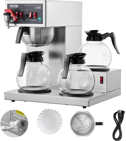 VEVOR kommerzielle Filterkaffeemaschine für 12 Tassen Kaffeemaschine mit 3 Glaskaraffen & 3 Warmhalteplatten, Übergieß-Kaffeemaschine aus Edelstahl für Restaurant Büro Café