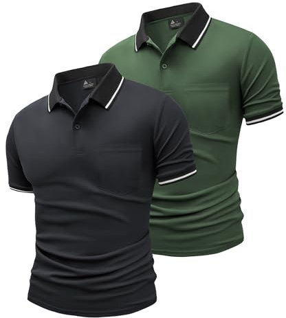 JACKETOWN 2 Pack Polos Hombre Manga Corta con Bolsillo Polo de Trabajo Transpirable de Secado Rápido Golf Hombre Camisa de Verano Slim Fit Camiseta Básica de Tenis(Gris Verde Militar 3XL)
