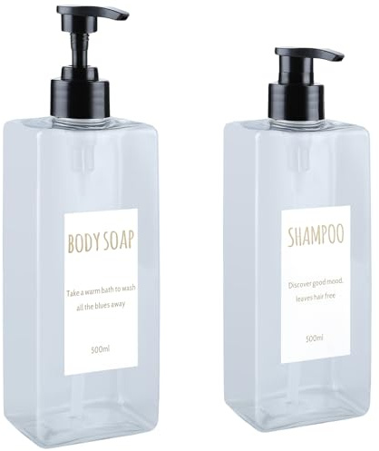 DEROANBOTT Dispenser per shampoo e balsamo, set da 2, 500 ml, bottiglie moderne ricaricabili per shampoo e sapone da doccia, dispenser vuoto per bagnoschiuma, set per bagno (trasparente)