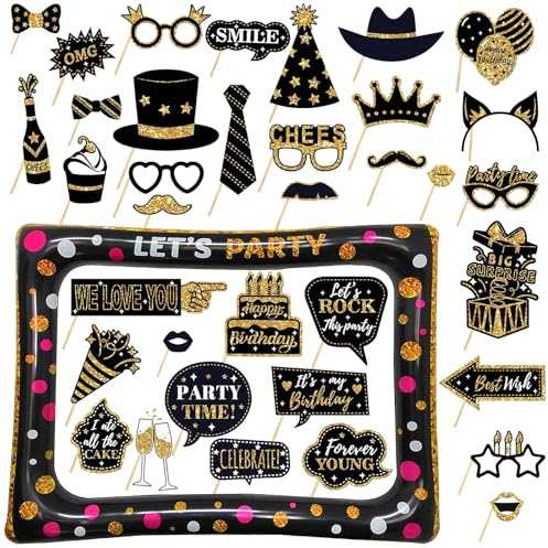 KiKiHong 37 Pezzi Cornice per Foto Compleanno, Oro Nero Photo Booth Kit, Cornice per Selfie, Accessori Fai da Te per Festa