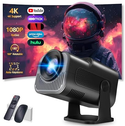 Mini Projector 4K 1080P Full HD Video Portable Projector Support with WiFi 6 & Bluetooth 5.2, Auto Keystone Adjustment Built-in Apps Smart with 270° Rotation for USB/TV Stick/HDMI