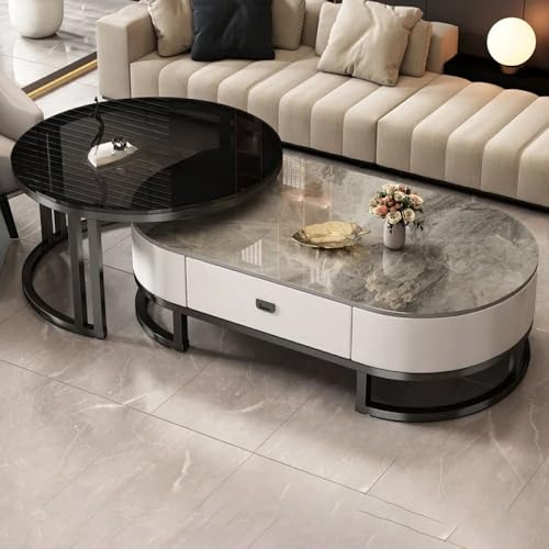 Häckande oval sten soffbord uppsättning med 2 – modernt vardagsrum mittbord med förvaringslåda glasbord svart/grå/vit (47,2 cm L x 60 cm B x 40 cm H) + 80 cm L x 80 cm B x 45 cm H)