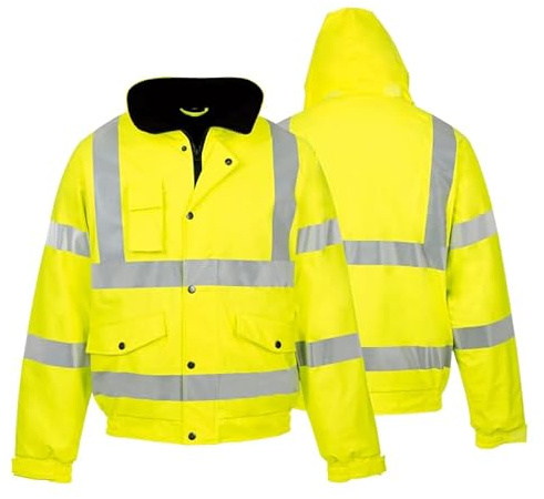 Hi Vis Jacket Men Work Bomber Coat – Waterproof Padded Safety Security Workwear Viz Visibility Coat with Zip – Contractor Reflective Winter Jacket Yellow S