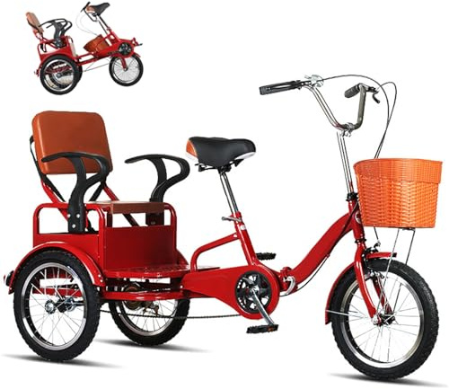 Hopfällbar Trehjuling För Vuxna,16-Tums Tandemtrehjuling Med Baksäte För äldre,3-Hjulig Cruisercykel Med Känsliga Bromsar,Sadel Och Styre Höjdjusterbart,Last- Och Manövrerad Trehjuling Red
