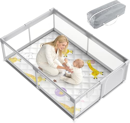 DAMNISS Baby Playpen for Baby and Toddlers (120 * 180cm+Mat) | Playyard for Indoor & Outdoor Use, with Zip Door and Fitted Playpen-Mat
