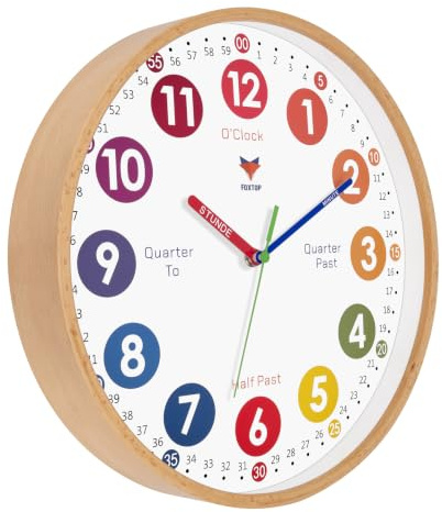 Foxtop Kids Learning Wall Clock Silent Battery Operated-Natural Wooden 12