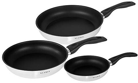 KLAMER 3-teiliges Pfannenset Induktion (20 + 24 + 28 cm), hochwertige Profi Edelstahlpfanne antihaftbeschichtet, backofenfest & spülmaschinengeeignet