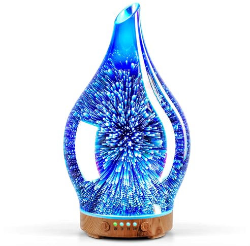 Porseme Aroma Diffuser 150ml, Handgeblasen 3D Glas Luftbefeuchter, Ultraschall Aromatherapie Öle Diffusor mit 7 farbigem LED Licht, Diffusor für Ätherische Öle mit Timer BPA Frei für Wohnung Yoga SPA