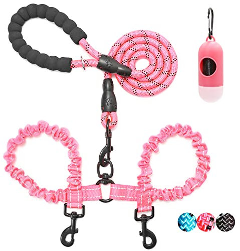 BAAPET Double Dog Leash, 4 FT Rope Dog Leash with Tangle Free Shock Absorbing Bungee and Poop Bags for Dual Small Medium Large Dogs (Medium/Large, Pink)