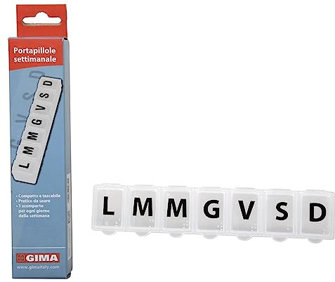 Gima, Portapillole Settimanale, bianco, a 7 scomparti con i giorni in italiano, in plastica resistente, 25832