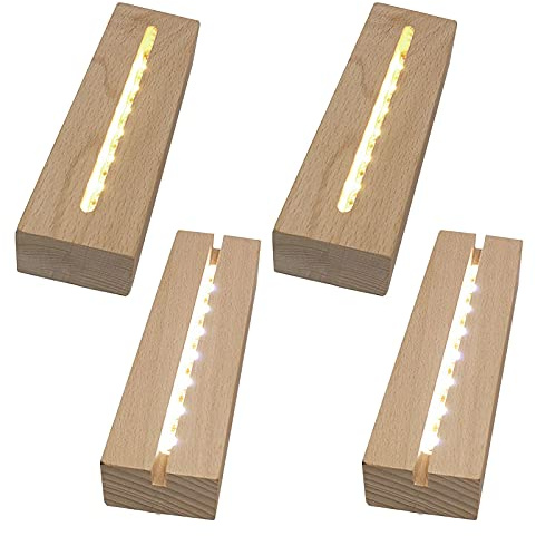 CDIYTOOL 4 basi per esposizione con luci a LED, colore caldo, rettangolare, in legno, illuminata, per piastra in acrilico e cristallo