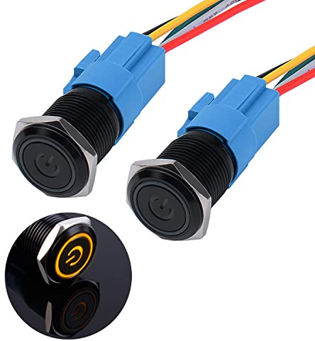 JIQI 2 × 16mm Interrupteur à bouton-poussoir en métal étanche à verrouillage, 12V à 24V 2A IP66 1NO 1NC, avec symbole d'alimentation LED, bouton poussoir noir pour voiture DIY Auto(jaune)