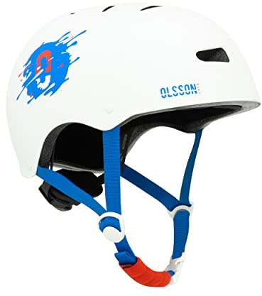 OLSSON Hero Kinderhelm, Größe S-L (50-54 cm), verstellbar, zugelassen, stoßfest, 360 Grad, herausnehmbares Innenfutter, Belüftung, geeignet für Roller, Rollschuhe, Fahrräder (Weiß, S/M)