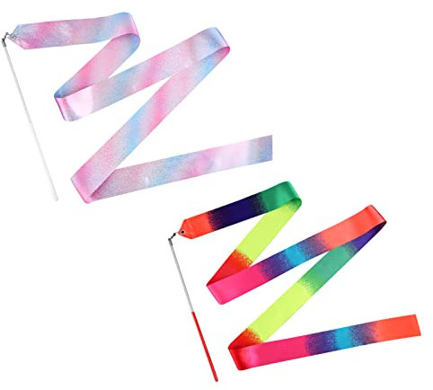 KINBOM 2 Stück Tanzbänder, 2m Funkelndes Tanzband Lange Dance Ribbons Tanzen Streamer für Kinder Training Talentshow Künstlerisches Tanzen, mit Schleifenstab (Glitter Pink + Farbverlauf)