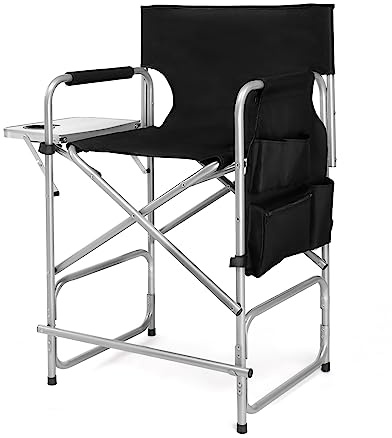 mefeir 26 Tall Folding Directors Chair with Side Table,Portable Makeup Artist Bar Height, Steel Frame 300 lbs Capacity, 19.2 D x 23.6 W x 40.5 H,Black