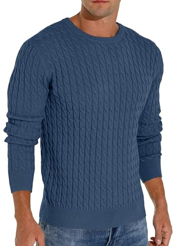 Hisir Suéter de invierno para hombre, de punto trenzado, informal, cuello redondo, cálido, de manga larga, suéter para hombre, azul, L