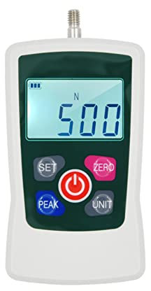 VISLONE Medidor de fuerza digital de 500 N/50 kg/110 libras/175 onzas, unidad de medidor de fuerza de empuje y tracción conmutable, mini dinamómetro retroiluminado con 6 cabezales de fijación, caja de