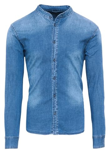 Evoga Camicia di Jeans Uomo Denim Casual con Collo alla Coreana Slim Fit (XXL, Celeste)