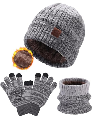 WELROG Children's Winter Hat Scarf Gloves for Boys Girls Winter Hats Scarfs Set for Children 4-15 Years Warm Outdoor Hat and Scarf for Kids Winter Ski Suit Gray