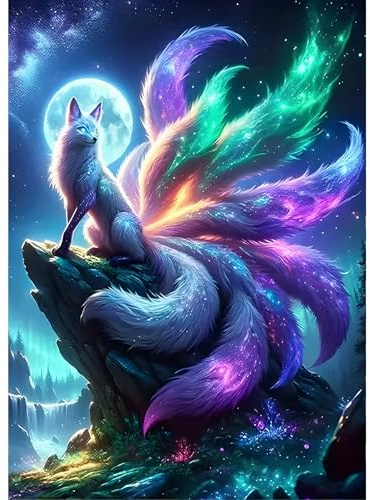 GDYEEH DIY 5D Nine-tailed Fox Diamond Art Kits, Fox Round Full Drill Sparkling Diamond Painting Picture, Moon Diamond Painting Art Kit Craft för vuxna nybörjare, heminredning 12 x 16 tum