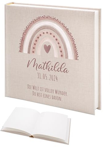 wunderwunsch Fotoalbum Einschulung personalisiert, Gästebuch, Deko, Erinnerungsalbum Schule, Geschenk Taufe, Kindergarten, Geburt, Geburtstag individualisiert (Regenbogen rosa)