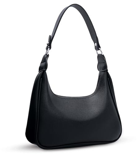Larcenciel Hobo Schultertasche Damen, Leder Halbmond Umhängetasche mit Reißverschlüsse, Y2K Trendy Handtasche Schwarz, Retro Unterarm Tasche für Dating, Reisen, Party, Einkaufe, Bankett, 40x23x6CM