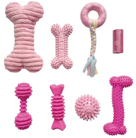 JWPET 8PCS Puppy Teething Toys Set - Interactive Dog Chew Toys with Ball & Cotton Ropes | Safe & Durable Teething Toys for Small Puppies & Medium Dogs | Includes Leak-Proof Poop Bags (Pink)
