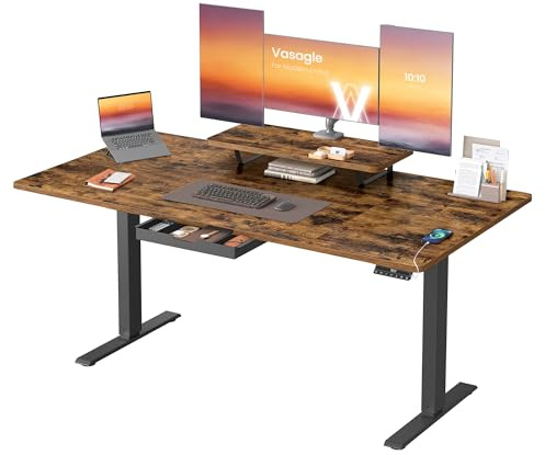 VASAGLE Höhenverstellbarer Schreibtisch, 160 x 80 cm, flexibel montierbarer Monitorständer, Schublade, USB-C-Anschluss, Erinnerung bei langem Sitzen, für Büro, vintagebraun LSD156KD01