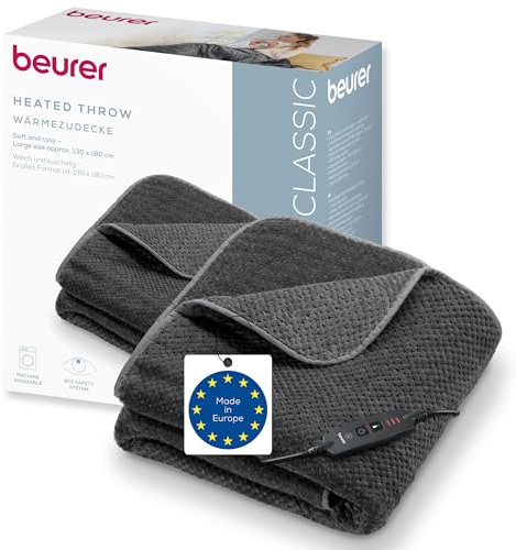 Beurer HD 65 termocoperta, coperta termica accogliente in materiale morbido con 3 livelli di temperatura, con spegnimento automatico e sistema di sicurezza, lavabile, made in Europe, colore grigio