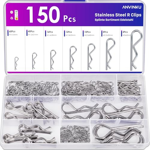 ANVINKU 150 Stück Splinte Sortiment Edelstahl, 7 Größen Federsplint, 304 Edelstahl R-Clips Set, Sicherungssplint Sortiment, Federstecker für Auto, Mechanik, Schiffsreparatur