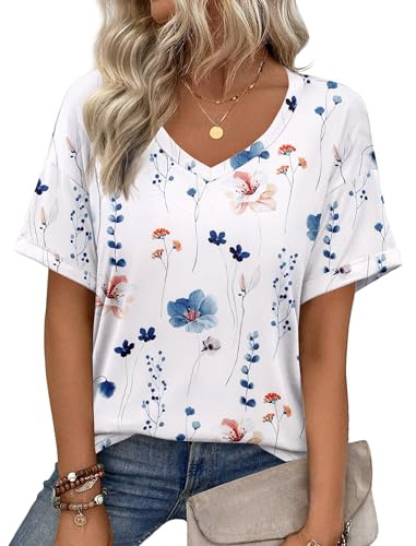 Zeagoo Maglietta Donna Maniche Corte T Shirt Casual Maglia Scollo a V Tshirt Ampia Magliette Estive Blusa Tunica Bianca Floreale XXL