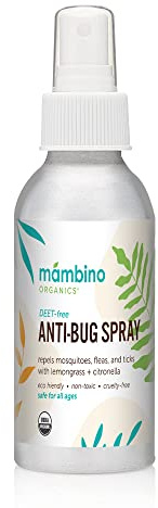 Mambino Organics Anti-Bug Spray, DEET-Free, Organic Mosquito Repellent with Essential Oils, Reef Safe, Face-Safe Protection for Babies, Kids, and Adults, Travel Bug Spray, 2.7oz