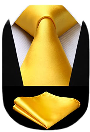HISDERN Cravate Homme Jaune Cravate et Mouchoir de poche Set - Travail Fête Mariage Cravates Soie avec Boîte Couleur Unie Cadeau pour hommes Saint Valentin,Jaune