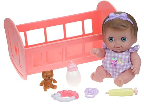 JC TOYS- Muñeca Lil’ Cutesies de 24 cm de Vinilo Suave, Vestida con un Mono Azul Jaspeado, Incluye Cuna y 5 Accesorios, Rosa, diseñado por Berenguer, +2 años, surtido: modelos aleatorios
