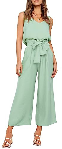 FANCYINN Ensemble de pantalons courts 2 pièces pour femmes Pantalon de sac en papier court taille haute à col en V et bretelles larges avec ceinture Pantalon et haut verts S