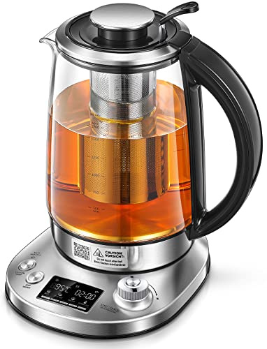 Variable Temperature Kettle, FOHERE Smart Glass Tea Kettle with 9 Temperature Control Presets, LCD Display, 2 Hours Keep Warm, 1.7 Liter Electric Kettles with Removable Tea Infuser(Silver)