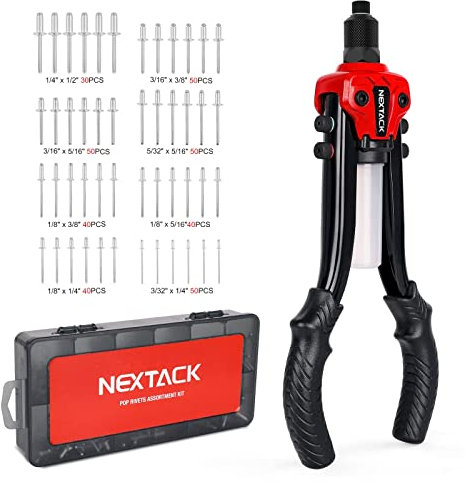 NEXTACK 13 Inch Pop Rivet Gun with 350pcs Assorted Rivets Kit, 1/4 Capacity Heavy Duty Hand Riveter Tool with Detachable Container & 5 Nosepieces for Metal, Gutter & Automotive NT300