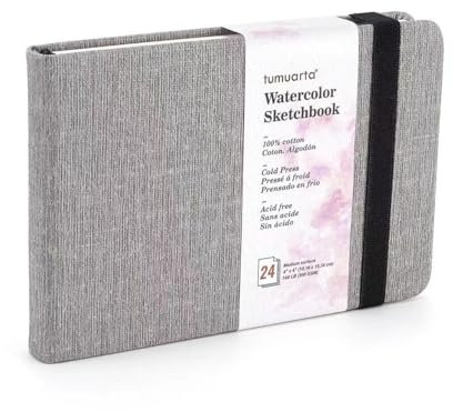 tumuarta Aquarell Skizzenbuch, 300 GSM, 100% Baumwolle, 10x15 CM, 24 Blatt, 48 Seiten, Feinkorn, Säurefrei, Aquarellbuch, Aquarell-Notizbuch zur Verwendung als Reiseskizzenbuch.